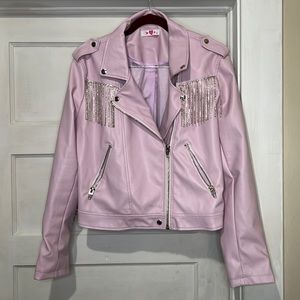 Buddy Love Crystal Fringe Vegan Leather Jacket! Lavender/Pink. Size XL